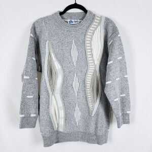 G90 Textured 3D Knit Sweater Wool Womens L Gray Grandma Granny Crewneck